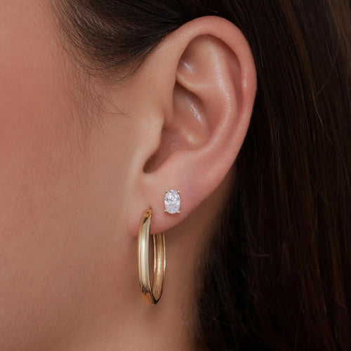 14 Karat Solid Gold Bold Large Hoops Oval Zirconia Earrings Set
