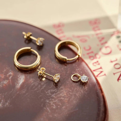 14 Karat Gold Bold Huggie Hoops Round Zirconia Earrings Set