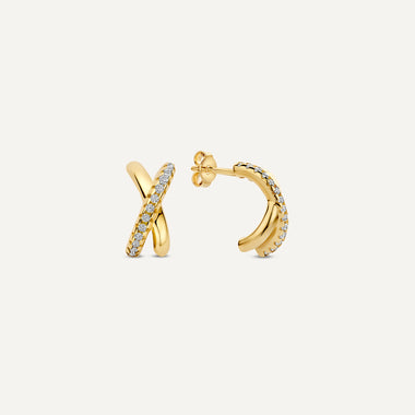585er Gold Cubic Zirconia Crossover Huggie Hoops (11 mm) - 1