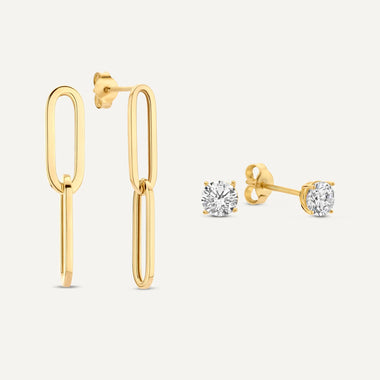 14 Karat Gold Double Paperclip Zirconia Earrings Set - 1