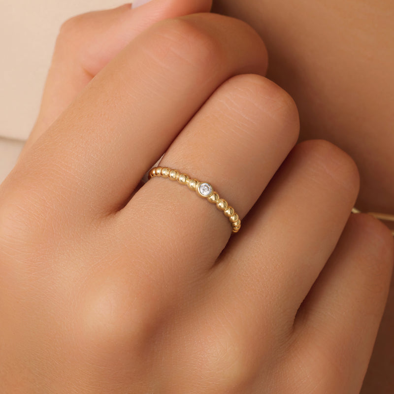 Beaded Cubic Zirconia Ring 14 Karat Gold for Women