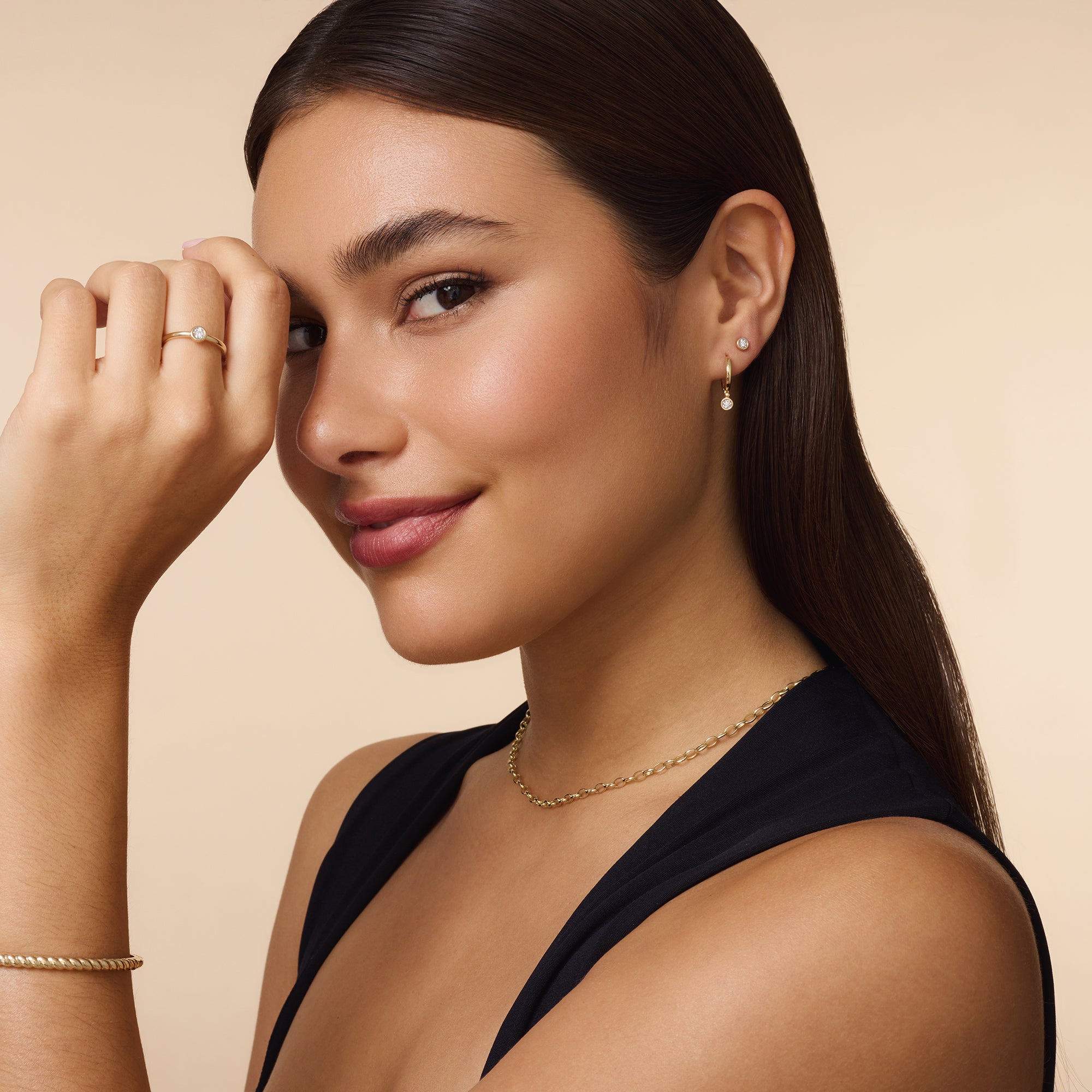 Bezel Set Diamond Charm Hoop Earrings 14 Karat Gold