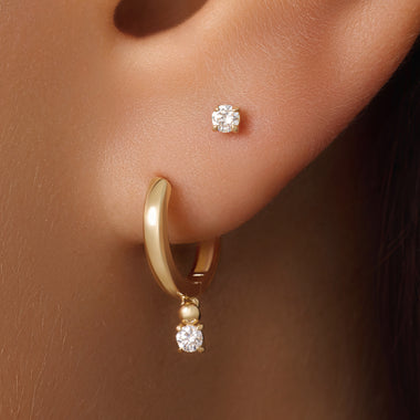 14 Karat Gold with Diamond Four Prong Diamond Charm Hoop Earrings (0.10 ct) - 3