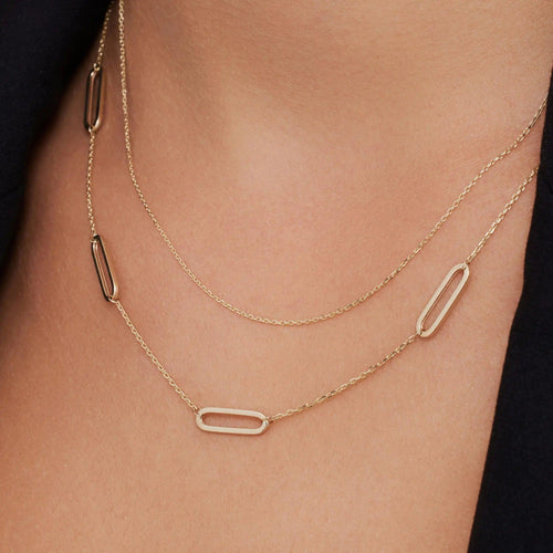 14 Karat Solid Gold Stationed Paperclip Chain Necklace