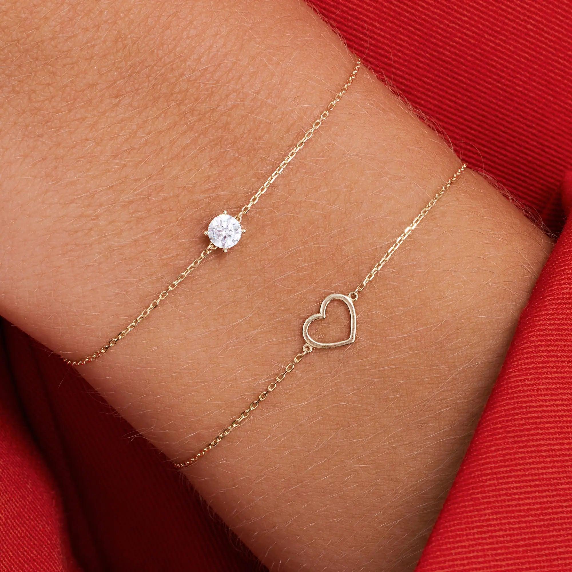 14kt Gelbgold Armband Mit Offenem Herz – Flach, Diamantschliff, 7,25 Zoll Länge