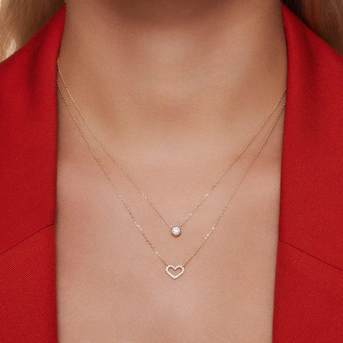 14 Karat Gold Pavé Cubic Zirconia Open Heart Pendant Necklace