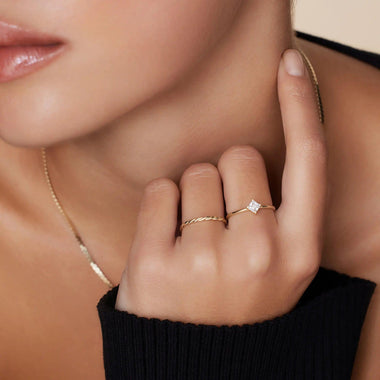 14k Gold Plated AAA Cubic Zirconia Square Ring - Brass Base, White CZ Stone, Made In USA
