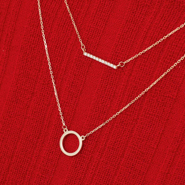 Or 14 Carats Collier Pendentif Bar Zircon Pavé - 3