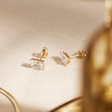 14 Karaat Goud Emerald Cut Zirkonia Oorknopjes - 10