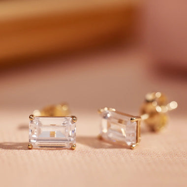 14 Karaat Goud Emerald Cut Zirkonia Oorknopjes - 8