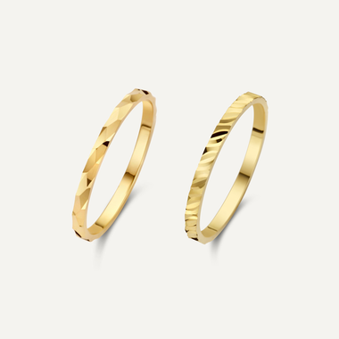 Oro 14 Carati Set Anelli Impilabili Martellati con Taglio Diamante - 1