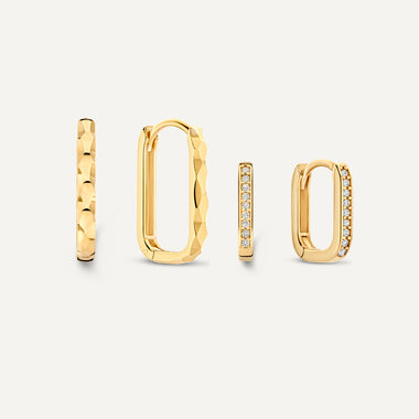 14 Karat Gold Hammered Zirconia U Hoops Layering Set - 1