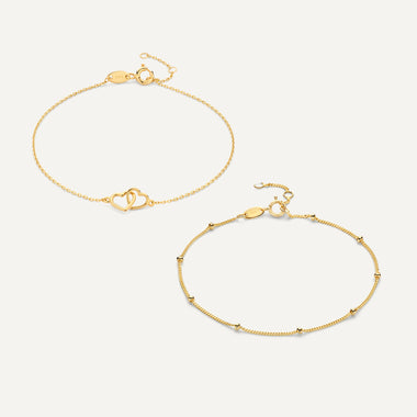 14 Karat Gold Linked Heart Spheres Bracelet Set - 1