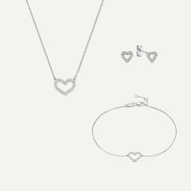 Oro bianco 14 carati Set con cuori aperti in pavé di zirconi - 1