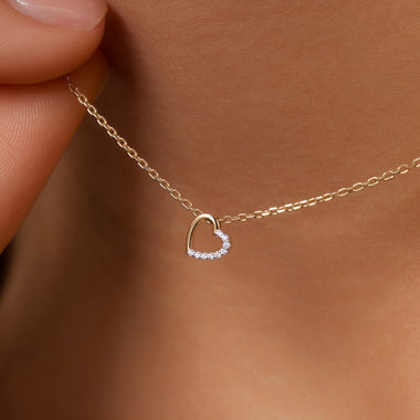 Oro 14 Carati con Diamanti Collana con Ciondolo Cuore Concatenato Half Pavé Diamante (0.02 ct) - 2